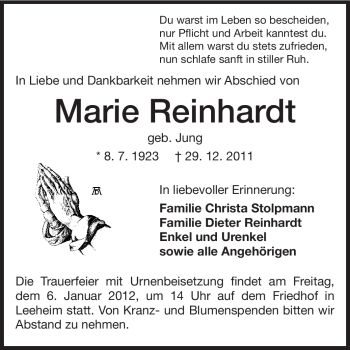 Traueranzeige von Marie Reinhardt von Rüsselsheimer Echo, Groß-Gerauer-Echo, Ried Echo