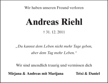 Traueranzeige von Andreas Riehl von Echo-Zeitungen (Gesamtausgabe)