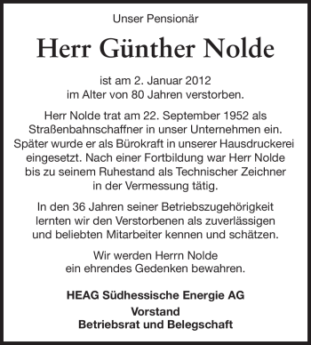 Traueranzeige von Günther Nolde von Echo-Zeitungen (Gesamtausgabe)