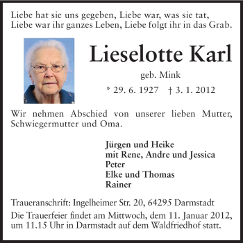 Traueranzeige von Lieselotte Karl von Echo-Zeitungen (Gesamtausgabe)