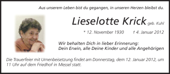 Traueranzeige von Lieselotte Krick von Echo-Zeitungen (Gesamtausgabe)