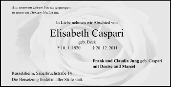 Traueranzeige von Elisabeth Caspari von Rüsselsheimer Echo, Groß-Gerauer-Echo, Ried Echo