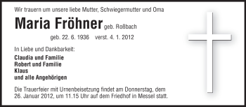 Traueranzeige von Maria Fröhner von Echo-Zeitungen (Gesamtausgabe)