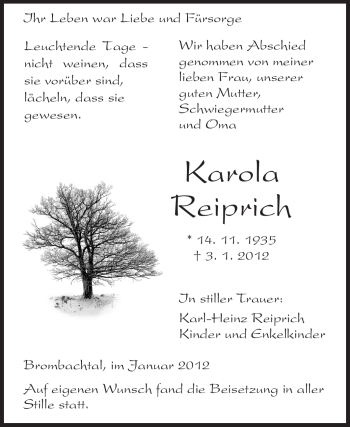Traueranzeige von Karola Reiprich von Odenwälder Echo
