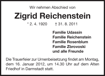 Traueranzeige von Zigrid Reichenstein von Darmstädter Echo, Odenwälder Echo, Rüsselsheimer Echo, Groß-Gerauer-Echo, Ried Echo