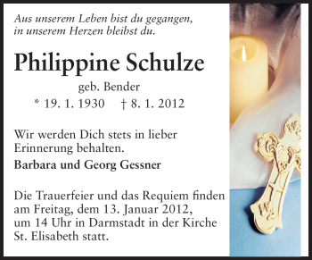 Traueranzeige von Philippine Schulze von Darmstädter Echo, Odenwälder Echo, Rüsselsheimer Echo, Groß-Gerauer-Echo, Ried Echo