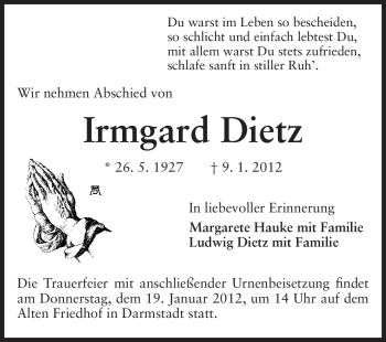 Traueranzeige von Irmgard Dietz von Darmstädter Echo, Odenwälder Echo, Rüsselsheimer Echo, Groß-Gerauer-Echo, Ried Echo