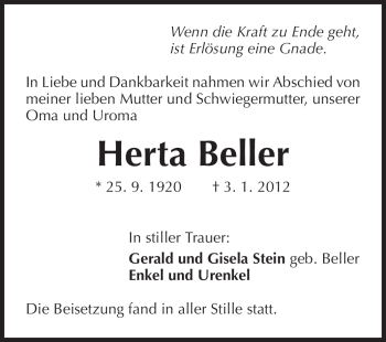 Traueranzeige von Herta Beller von Echo-Zeitungen (Gesamtausgabe)