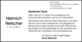 Traueranzeige von Heinrich Netscher von Echo-Zeitungen (Gesamtausgabe)