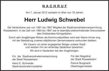 Traueranzeige von Ludwig Schwebel von Rüsselsheimer Echo, Groß-Gerauer-Echo, Ried Echo