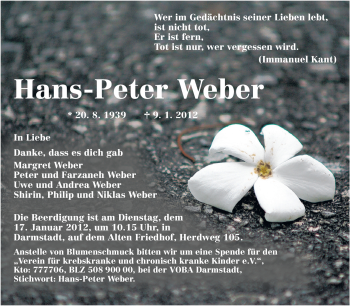 Traueranzeige von Hans-Peter Weber von Echo-Zeitungen (Gesamtausgabe)