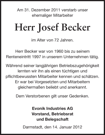 Traueranzeige von Josef Becker von Echo-Zeitungen (Gesamtausgabe)