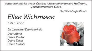 Traueranzeige von Ellen Wichmann von Darmstädter Echo, Odenwälder Echo, Rüsselsheimer Echo, Groß-Gerauer-Echo, Ried Echo