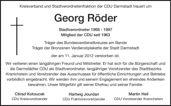 Traueranzeige von Georg Röder von Echo-Zeitungen (Gesamtausgabe)
