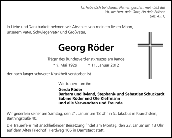 Traueranzeige von Georg Röder von Echo-Zeitungen (Gesamtausgabe)