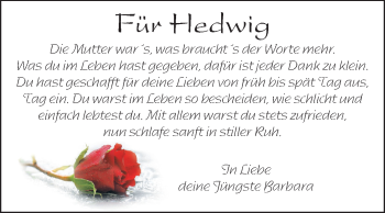 Traueranzeige von Hedwig  von Echo-Zeitungen (Gesamtausgabe)