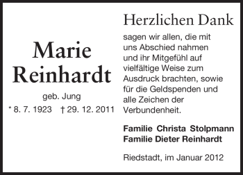 Traueranzeige von Marie Reinhardt von Rüsselsheimer Echo, Groß-Gerauer-Echo, Ried Echo