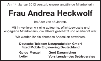 Traueranzeige von Andrea Heckwolf von Echo-Zeitungen (Gesamtausgabe)
