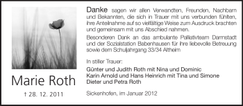 Traueranzeige von Marie Roth von Echo-Zeitungen (Gesamtausgabe)