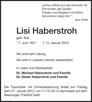 Traueranzeige von Lisi Haberstroh von Darmstädter Echo, Odenwälder Echo, Rüsselsheimer Echo, Groß-Gerauer-Echo, Ried Echo