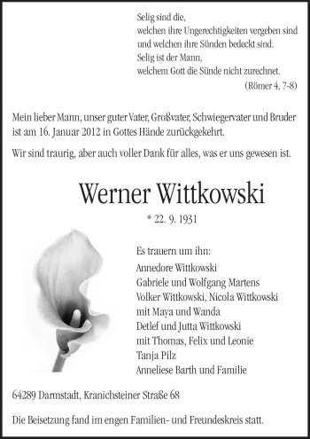 Traueranzeige von Werner Wittkowski von Echo-Zeitungen (Gesamtausgabe)