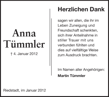 Traueranzeige von Anna Tümmler von Echo-Zeitungen (Gesamtausgabe)