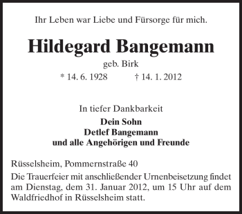 Traueranzeige von Hildegard Bangemann von Rüsselsheimer Echo, Groß-Gerauer-Echo, Ried Echo