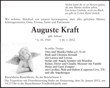 Traueranzeige von Auguste Kraft von Rüsselsheimer Echo, Groß-Gerauer-Echo, Ried Echo