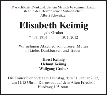 Traueranzeige von Elisabeth Keimig von Echo-Zeitungen (Gesamtausgabe)
