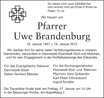 Traueranzeige von Uwe Brandenburg von Darmstädter Echo, Odenwälder Echo, Rüsselsheimer Echo, Groß-Gerauer-Echo, Ried Echo