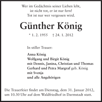 Traueranzeige von Günther König von Echo-Zeitungen (Gesamtausgabe)