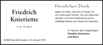 Traueranzeige von Friedrich Knierieme von Echo-Zeitungen (Gesamtausgabe)