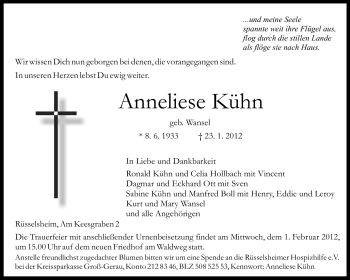 Traueranzeige von Anneliese Kühn von Rüsselsheimer Echo, Groß-Gerauer-Echo, Ried Echo