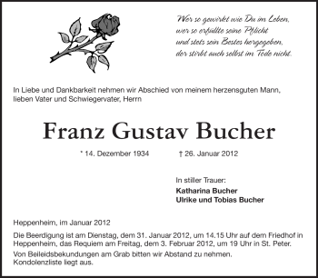 Traueranzeige von Franz Gustav Bucher von Starkenburger Echo