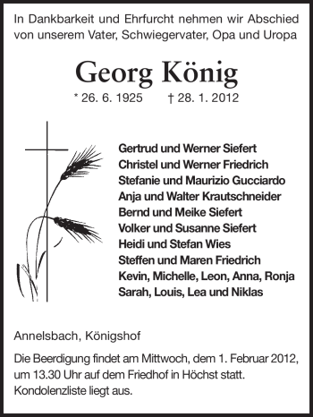 Traueranzeige von Georg König von Odenwälder Echo