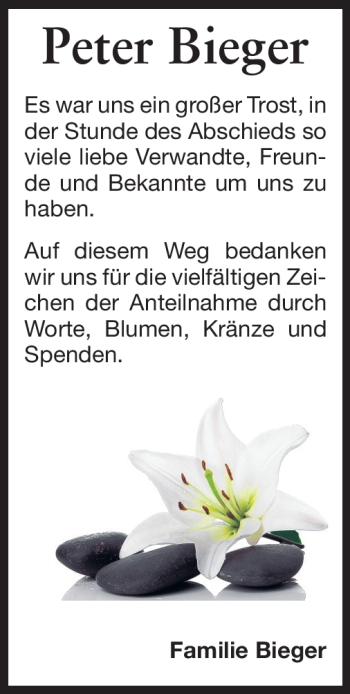 Traueranzeige von Peter Bieger von Darmstädter Echo, Odenwälder Echo, Rüsselsheimer Echo, Groß-Gerauer-Echo, Ried Echo
