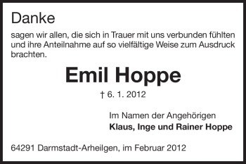 Traueranzeige von Emil Hoppe von Echo-Zeitungen (Gesamtausgabe)