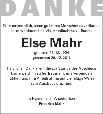 Traueranzeige von Else Mahr von Echo-Zeitungen (Gesamtausgabe)