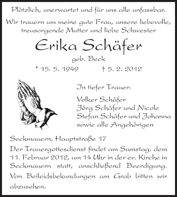 Traueranzeige von Erika Schäfer von Odenwälder Echo