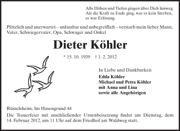 Traueranzeige von Dieter Köhler von Rüsselsheimer Echo, Groß-Gerauer-Echo, Ried Echo