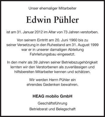 Traueranzeige von Edwin Pühler von Echo-Zeitungen (Gesamtausgabe)