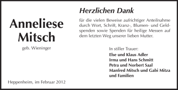 Traueranzeige von Anneliese Mitsch von Starkenburger Echo
