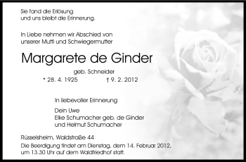 Traueranzeige von Margarete de Ginder von Rüsselsheimer Echo, Groß-Gerauer-Echo, Ried Echo