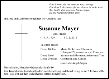 Traueranzeige von Susanne Mayer von Rüsselsheimer Echo, Groß-Gerauer-Echo, Ried Echo