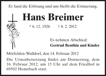 Traueranzeige von Hans Breimer von Rüsselsheimer Echo, Groß-Gerauer-Echo, Ried Echo