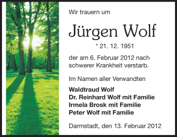Traueranzeige von Jürgen Wolf von Echo-Zeitungen (Gesamtausgabe)