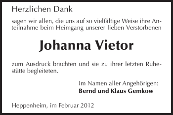 Traueranzeige von Johanna Vietor von Starkenburger Echo