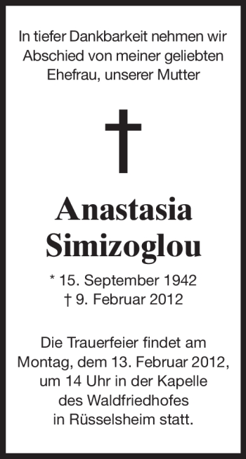 Traueranzeige von Anastasia Simizoglou von Rüsselsheimer Echo, Groß-Gerauer-Echo, Ried Echo