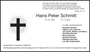 Traueranzeige von Hans Peter Schmitt von Starkenburger Echo