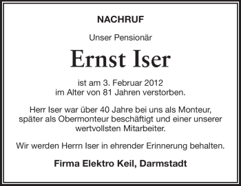 Traueranzeige von Ernst Iser von Echo-Zeitungen (Gesamtausgabe)